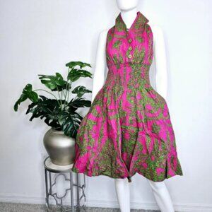 Women Smocked Midi Sundress with Head Scarf - Pink & Green